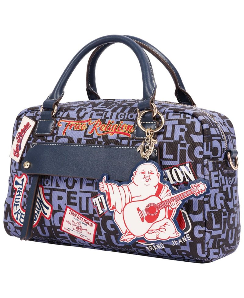 Women's Multi Patch Graphic Satchel Bag with Detachable Guitar Buddha Charm - Convertible Crossbody Handbag