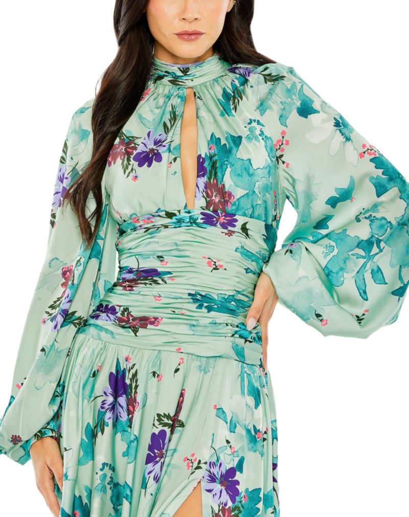 Women's Keyhole Satin Long Sleeve Floral Gown