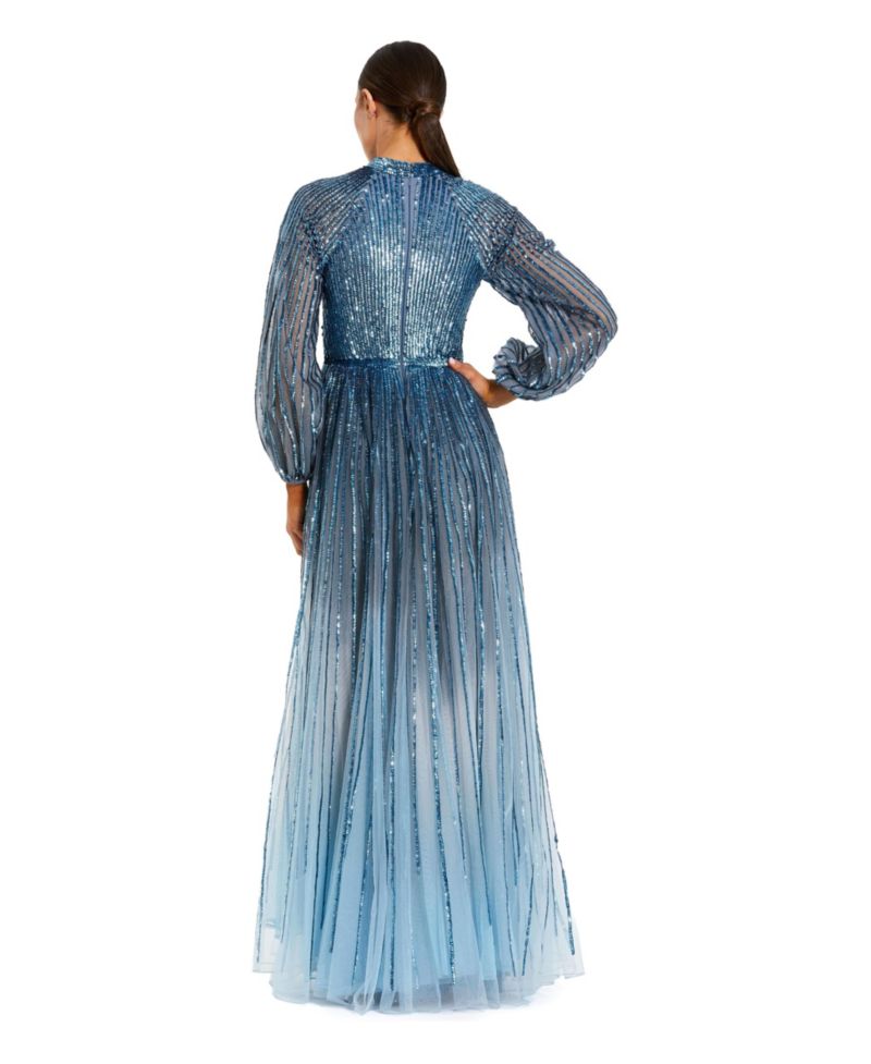 Petite Ombre Beaded Bishop Sleeve A-Line Gown
