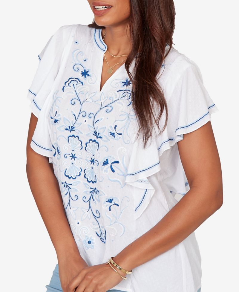 Petite Feather-light Embroidered Flutter-Sleeve T-Shirt