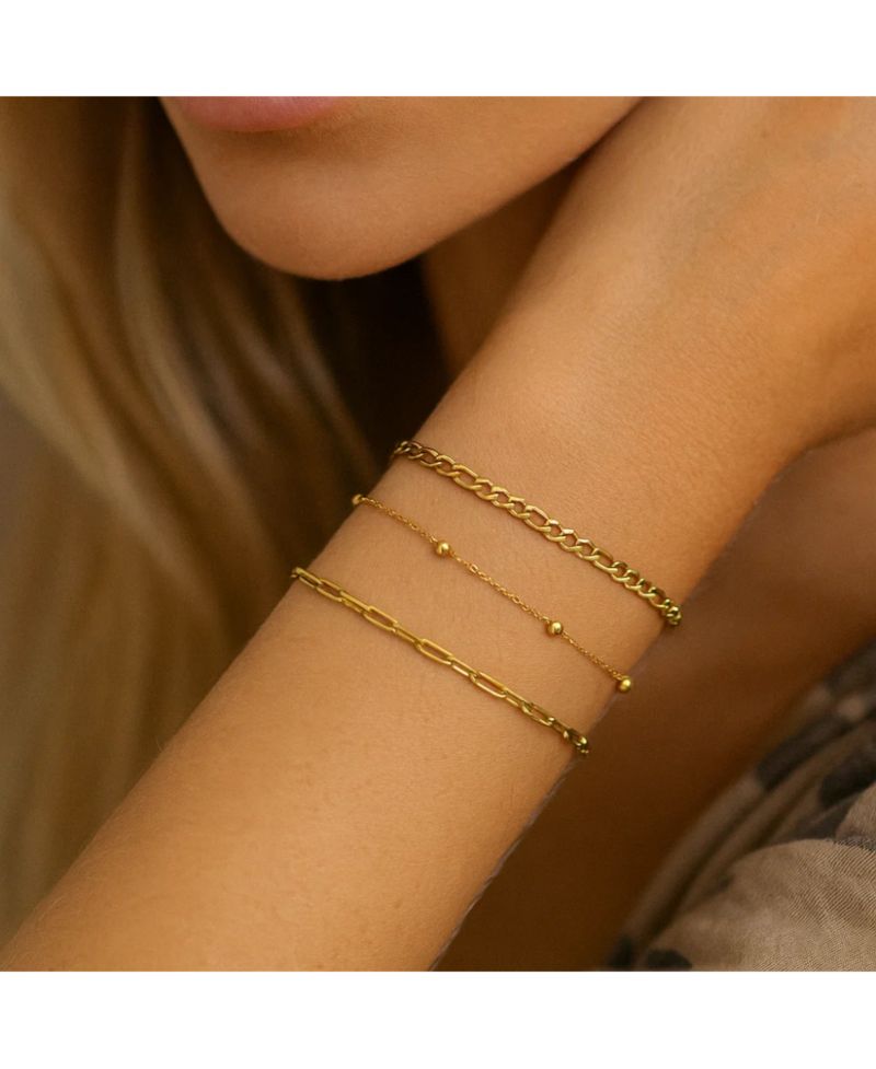 Adriana 3-Piece Stackable Bracelet Trio Set, Beaded, Figaro, Paperclip Link