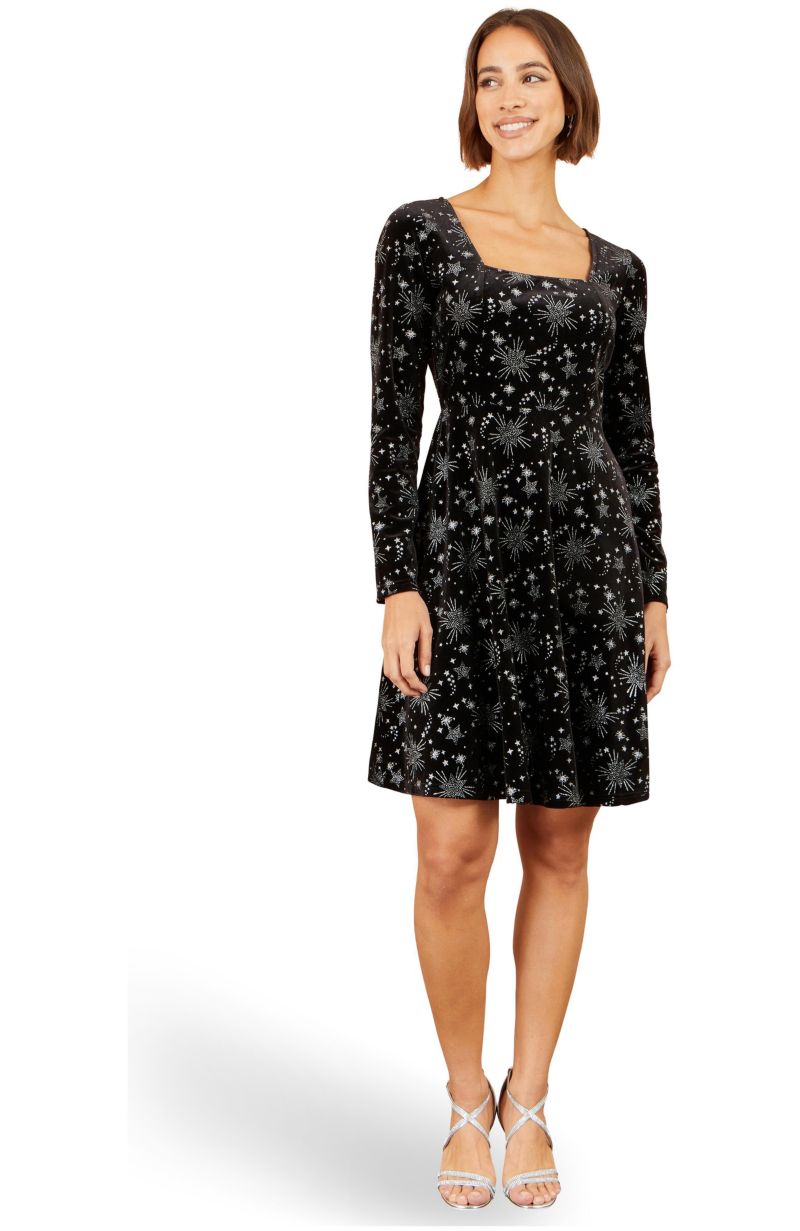 Women's Starburst Long-Sleeve Square-Neck Velvet Skater Dress