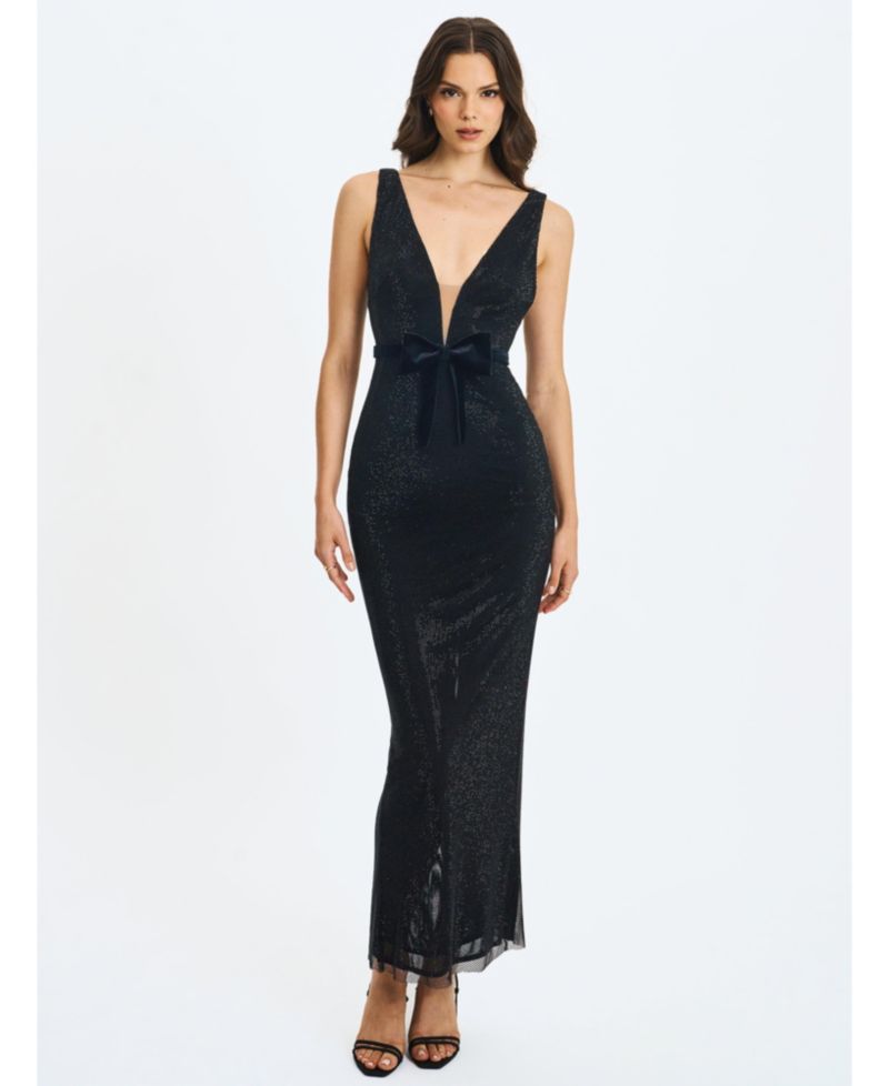 Women Olympia Black Belted Bow Plunging Rhinestone Maxi Dress