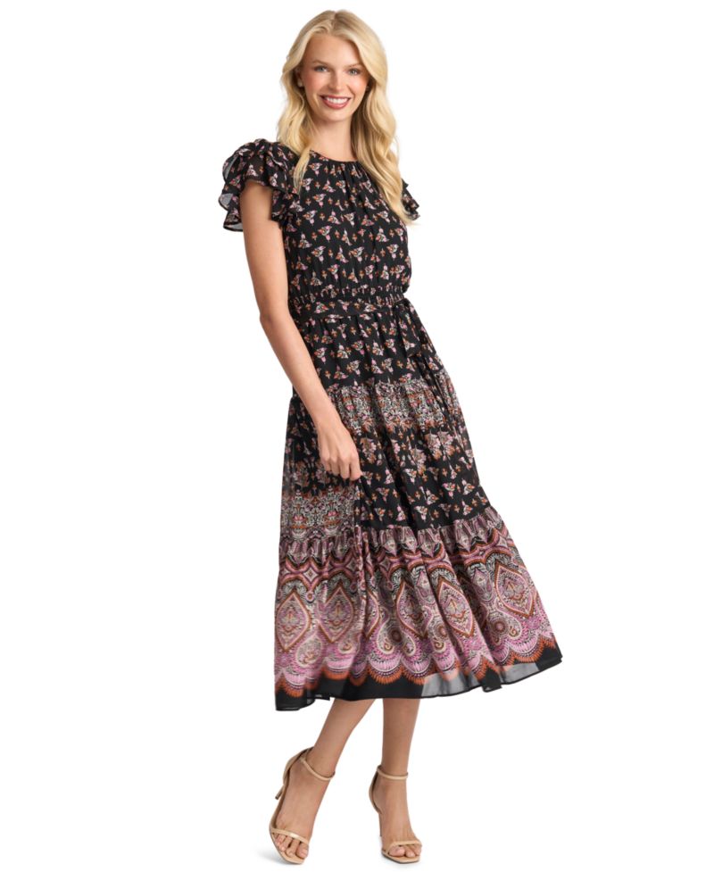 Women's Flutter-Sleeve Tie-Waist Midi Dress
