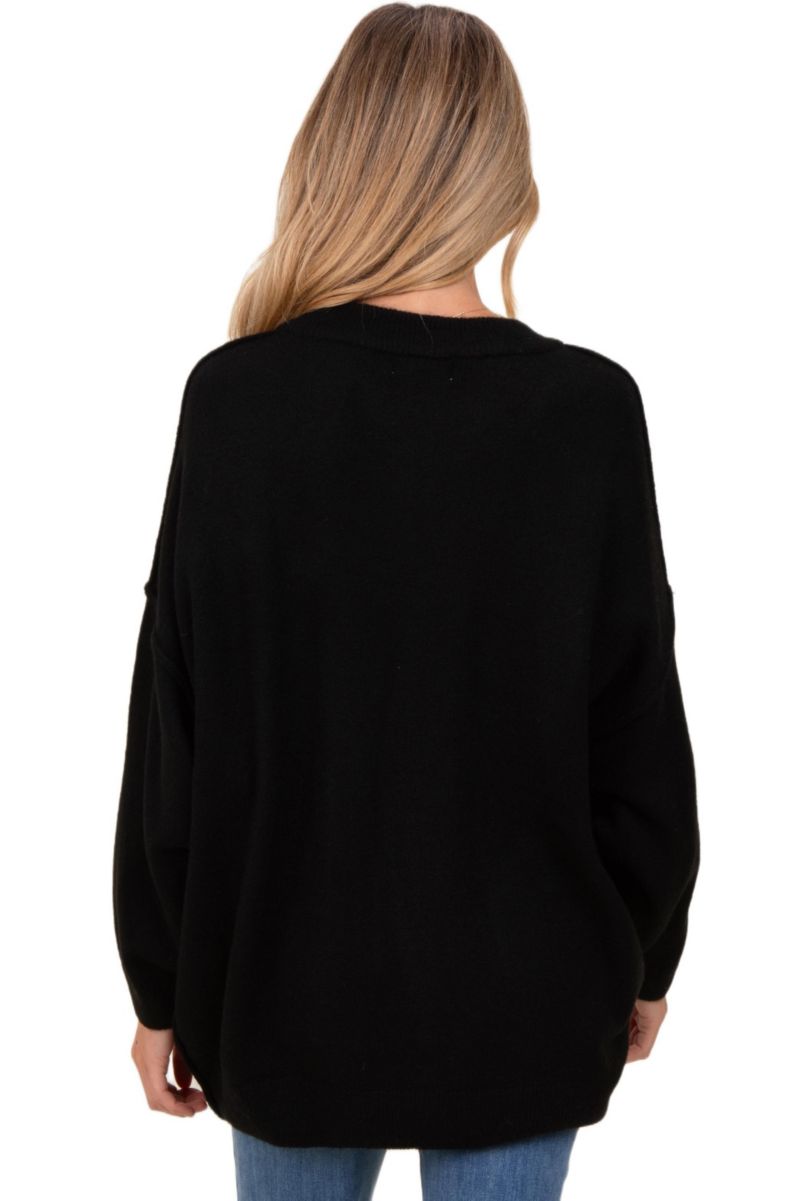 Women's Black Oversized Crewneck Melange Knit Sweater