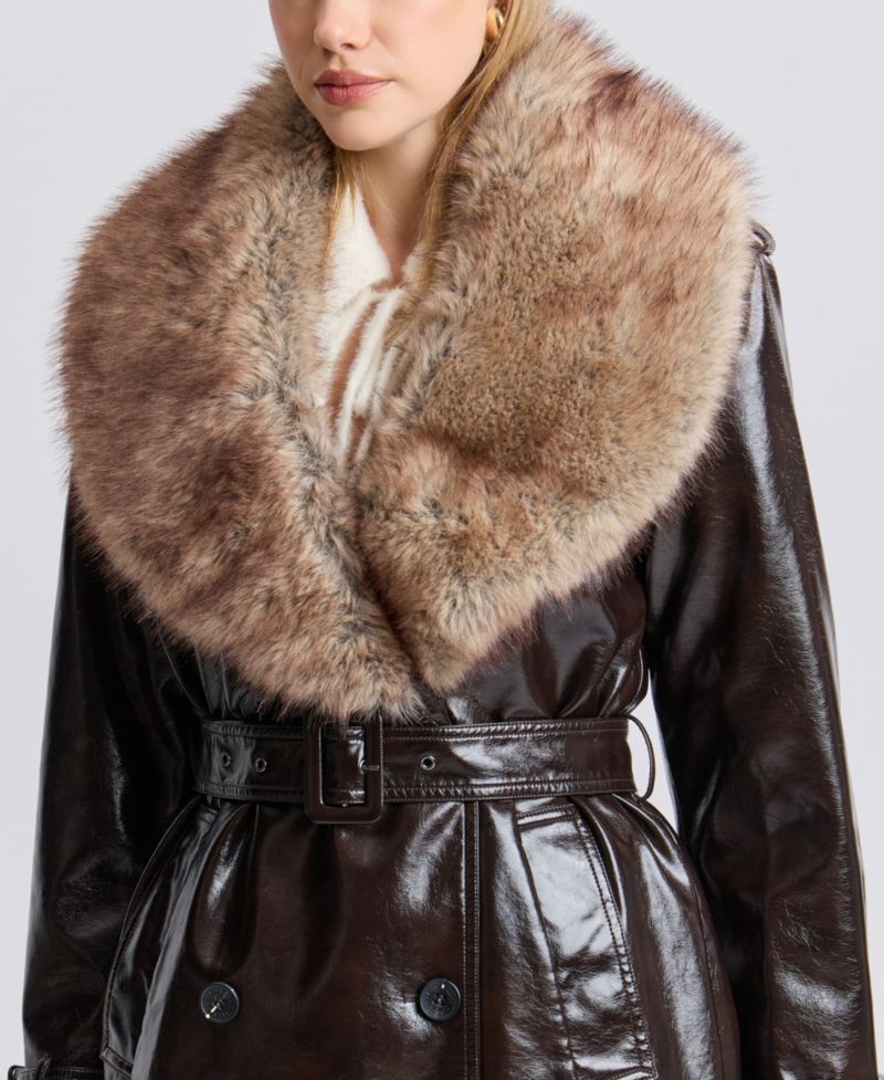 Women's Double-Breasted Detachable Faux Fur Shawl Collar Trench Coat