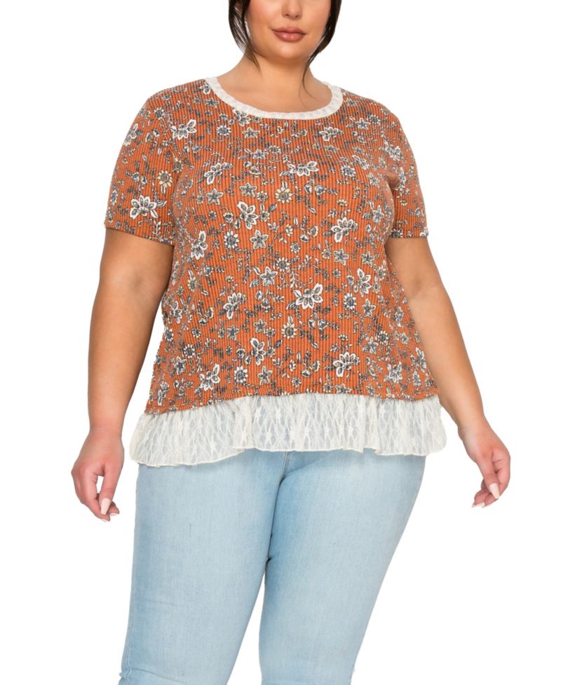 Plus Size Boho Floral Rib and Lace Pleat Back Short-Sleeve Top