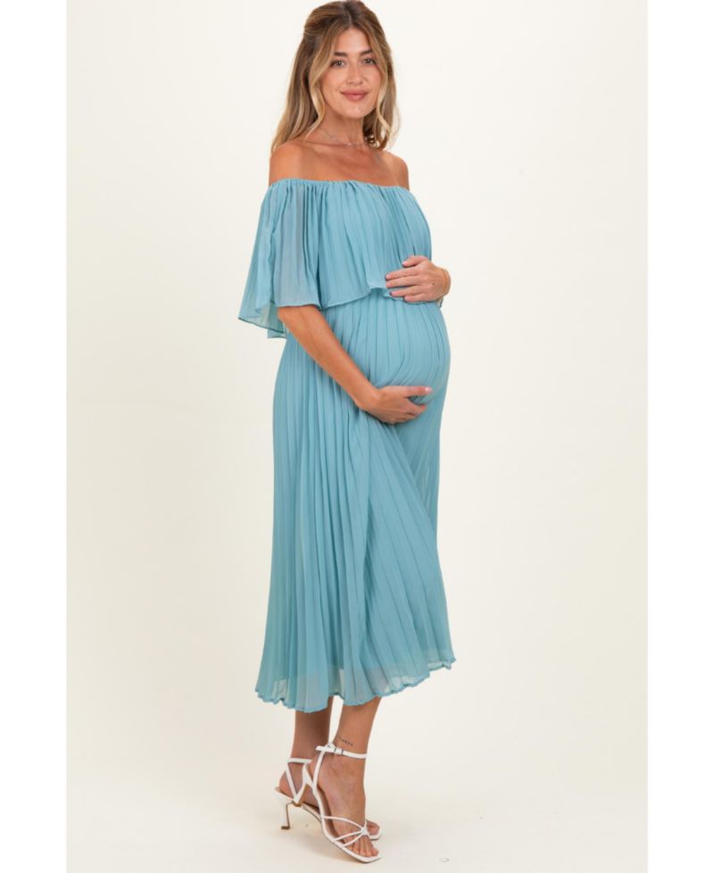 Maternity Pleated Off-the-Shoulder Flounce Midi Dress