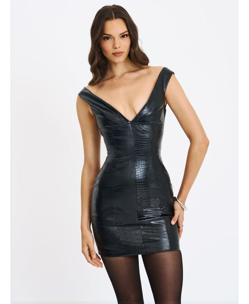 Women's Quilia Black Faux Crocodile Leather Plunge Mini Dress