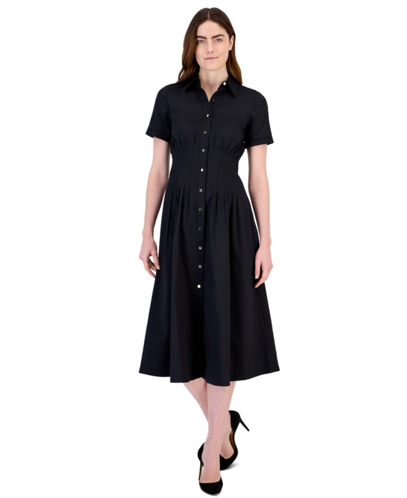 Women's Pleated-Waist Midi Shirt Dress