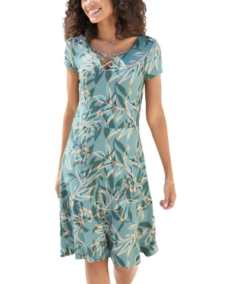 Women's Viscose Tropical Print Lace Up Detail A-Line Short Dress