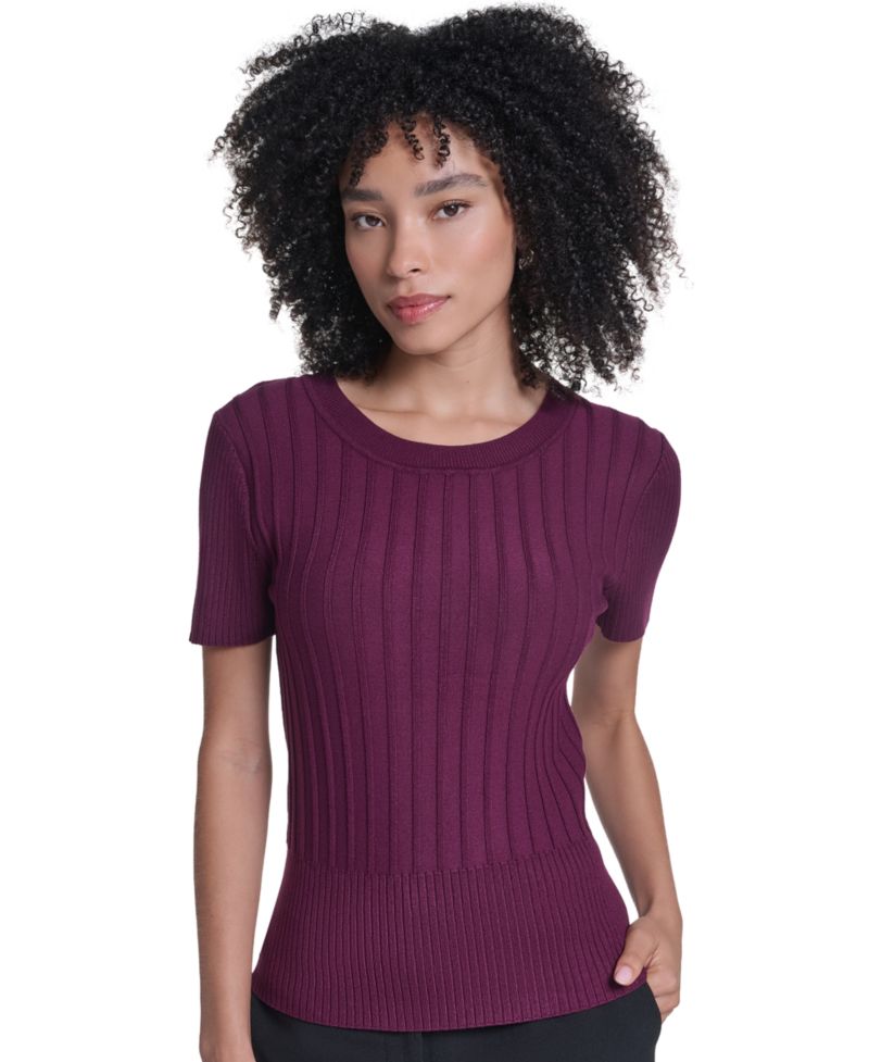 Petite Short-Sleeve Crewneck Ribbed Sweater