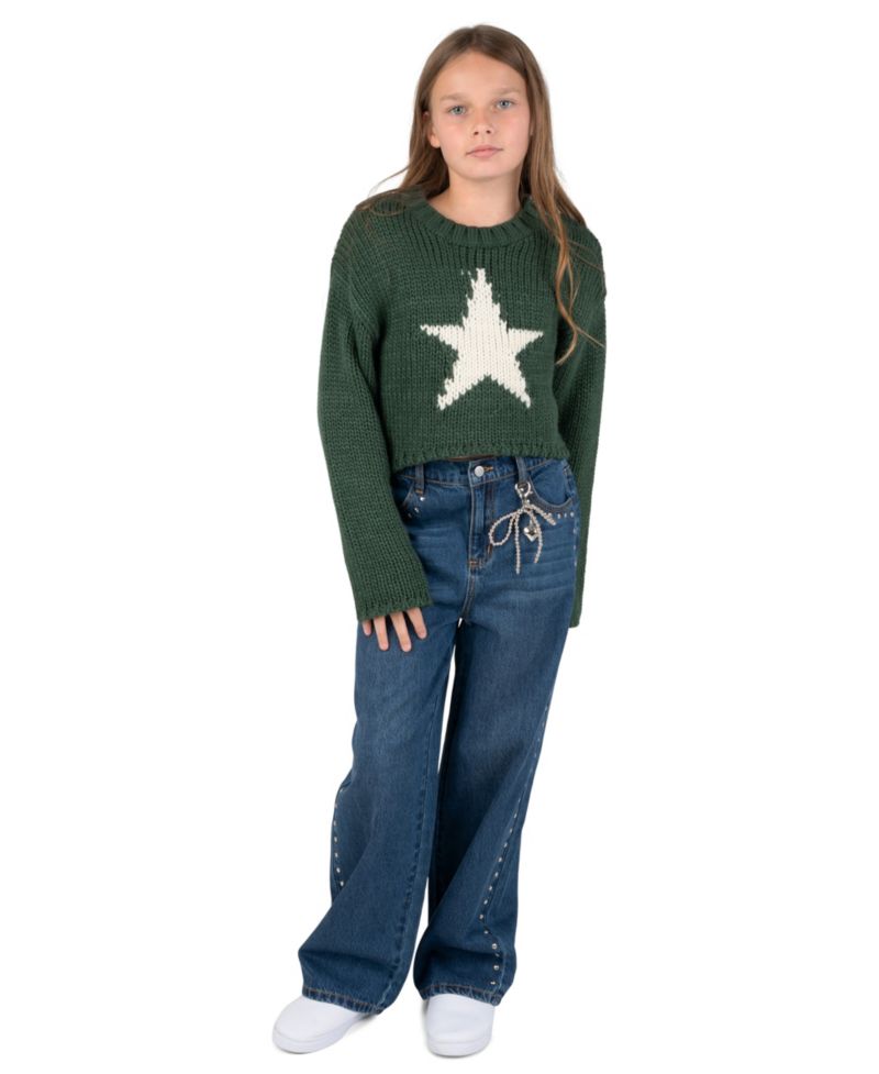 Girls' 7-12 Star Graphic Chunky-Knit Wide-Leg Denim Sweater, Pants and Necklace, 3-Piece Set