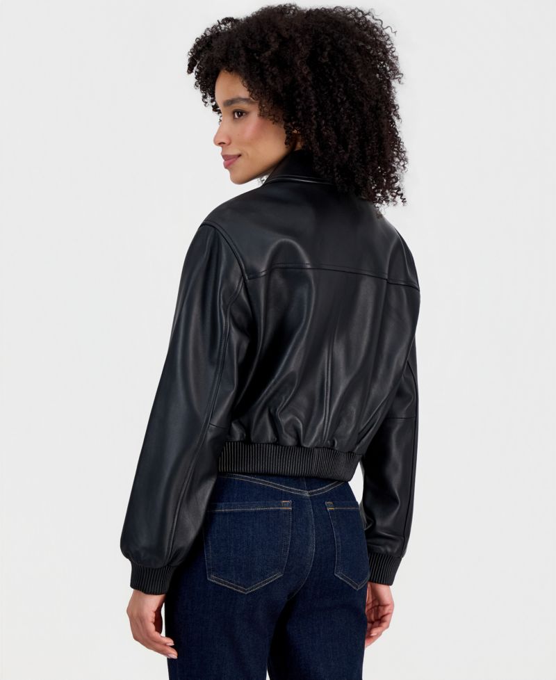 MICHAEL Women's Leather Zip-Up Bomber Jacket