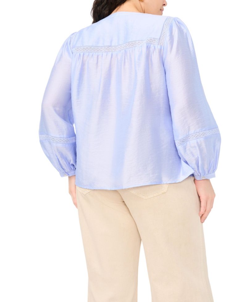 Plus Size Crewneck Pleated Front Long-Sleeve Blouse