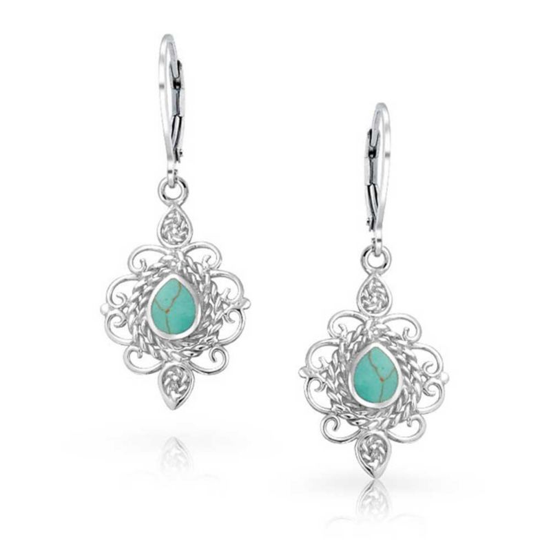 Vintage Style Filigree Turquoise Dangle Earrings Lever Back Sterling Silver