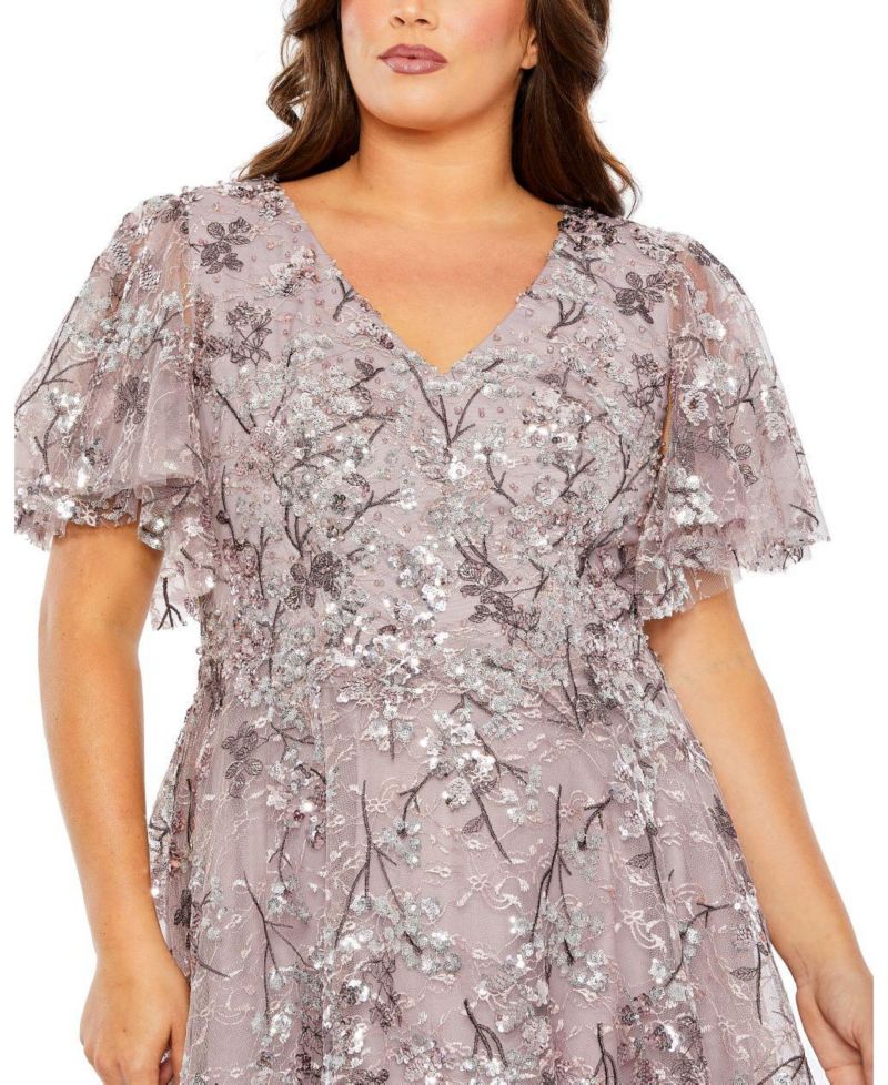 Plus Size V Neck Flutter Sleeve A Line Embellished Dress