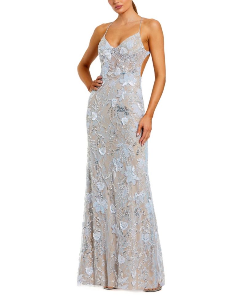 Women's Floral Embroidered Sleeveless Open Back Gown