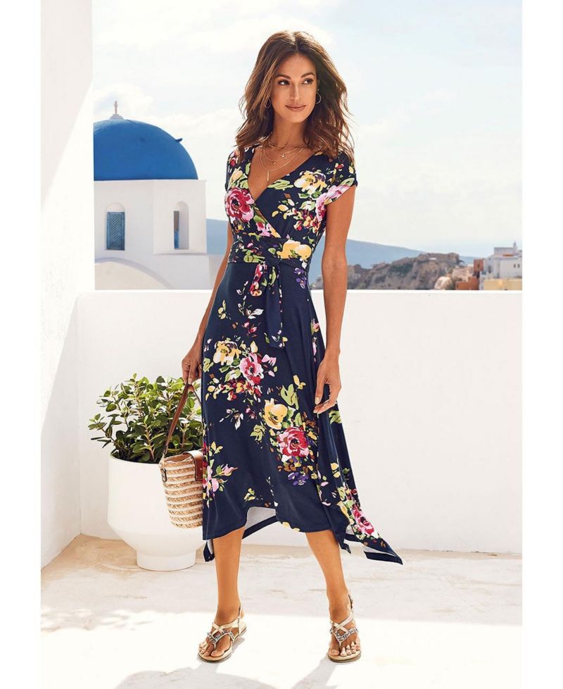 Women's Viscose Printed Handkerchief Hem Style V-Neck Midi Dress