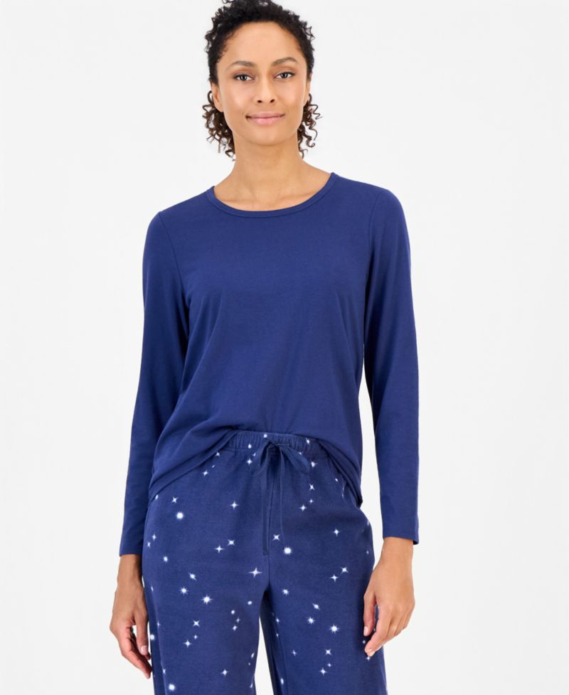 Women's Long-Sleeve Cotton-Blend Top and Fleece Pajama Pants Set