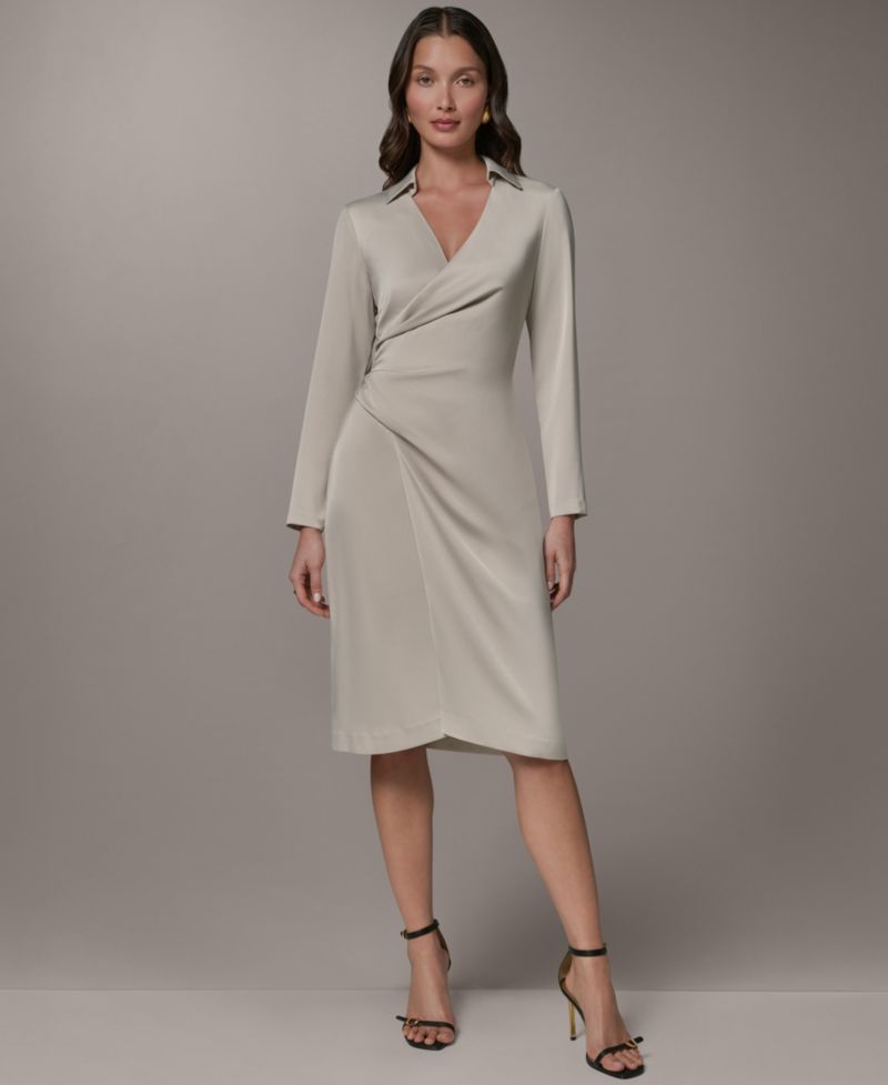 Women's Long-Sleeve Satin Collared V-Neck Midi Wrap Dress