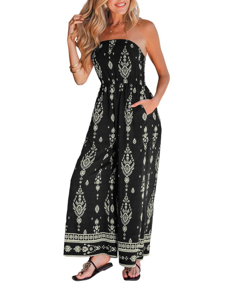 Women's Bohemian Floral Strapless Wide Leg Jumpsuit