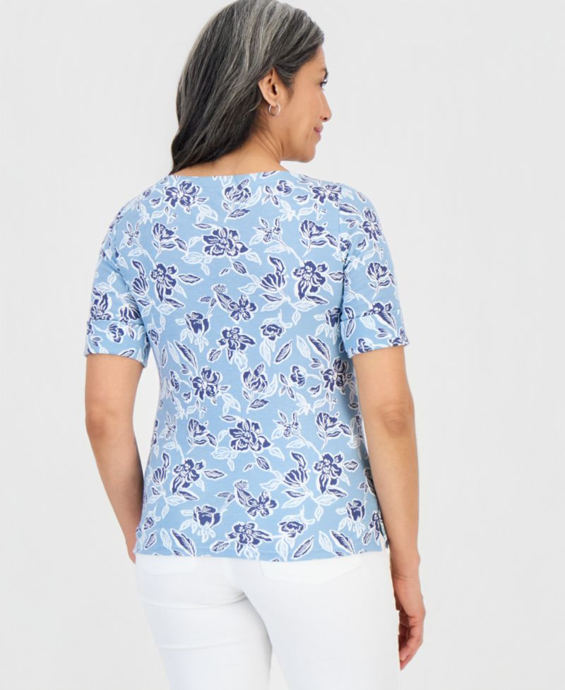 Petite Floral Knit Elbow-Sleeve Top