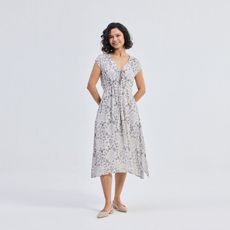 Women's Deep V-neck Gathered Dress in Florals