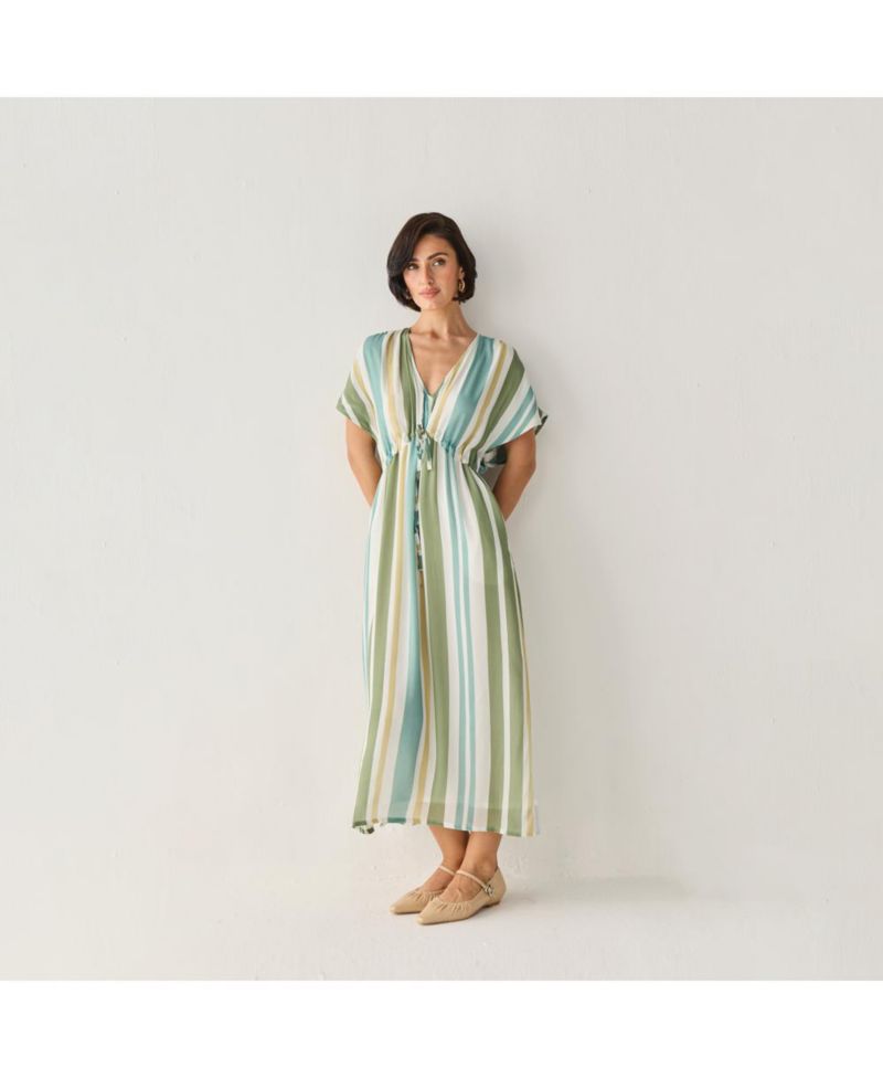 Women's Striped Drawstring Waist Maxi Dress