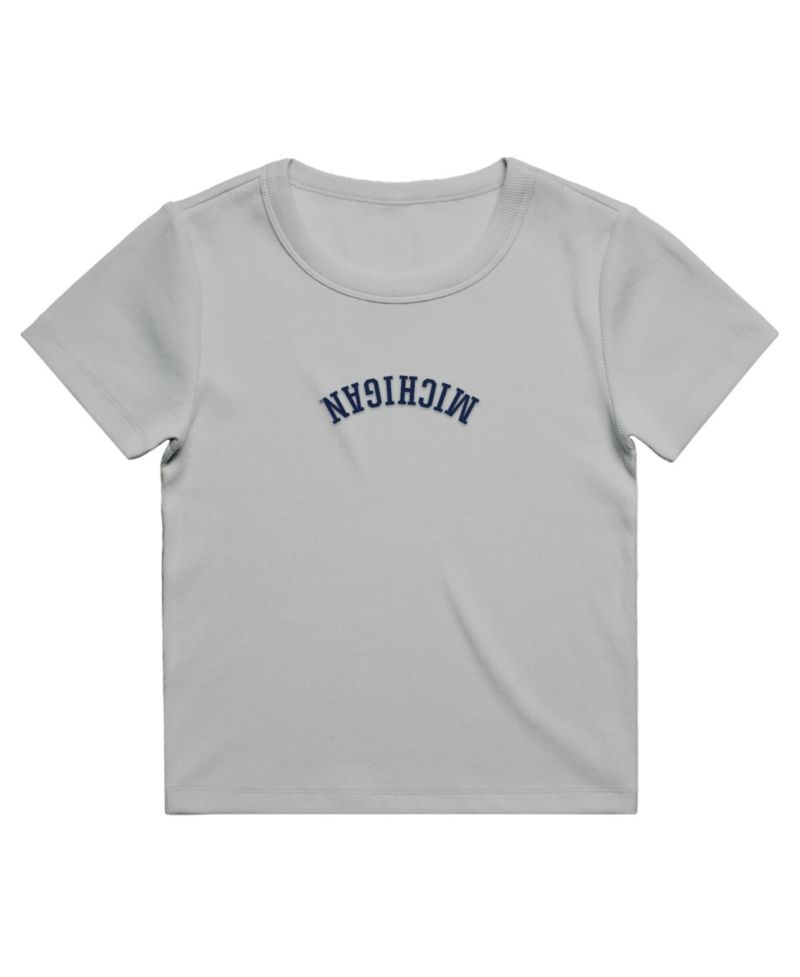 Women's Gray Michigan Wolverines Upside Down Embroidery Ribbed Cropped T-Shirt