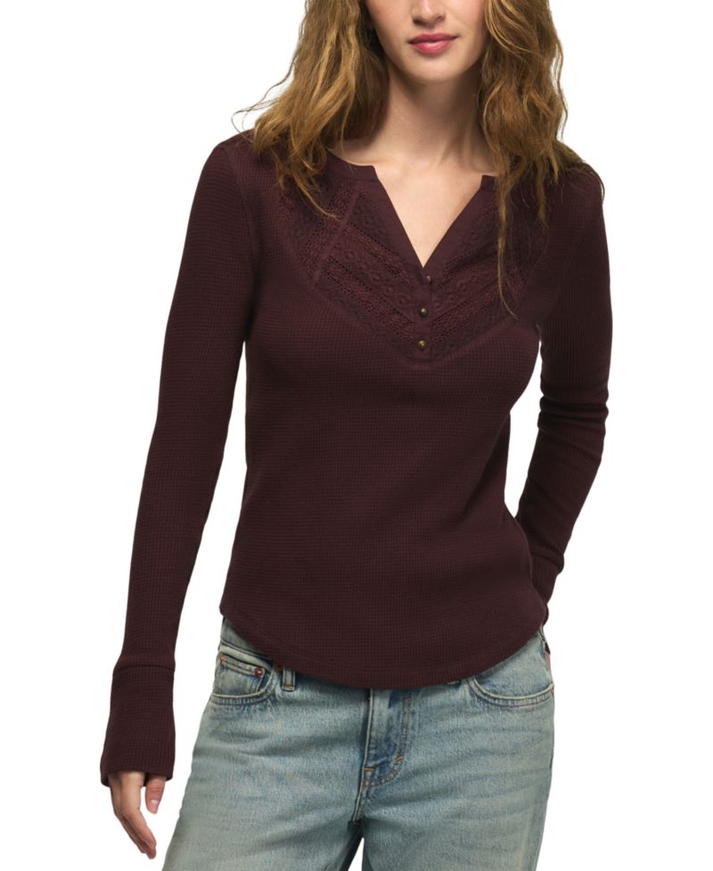 Women's Trim Mix Long-Sleeve V-Neck Lace-Trim Henley Top