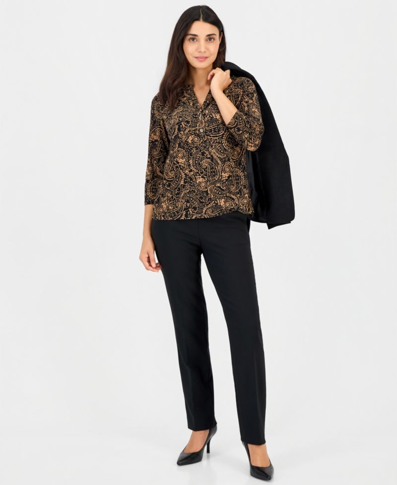 Women's Petite Woodblock-Print V-Neck 3/4-Sleeve Henley