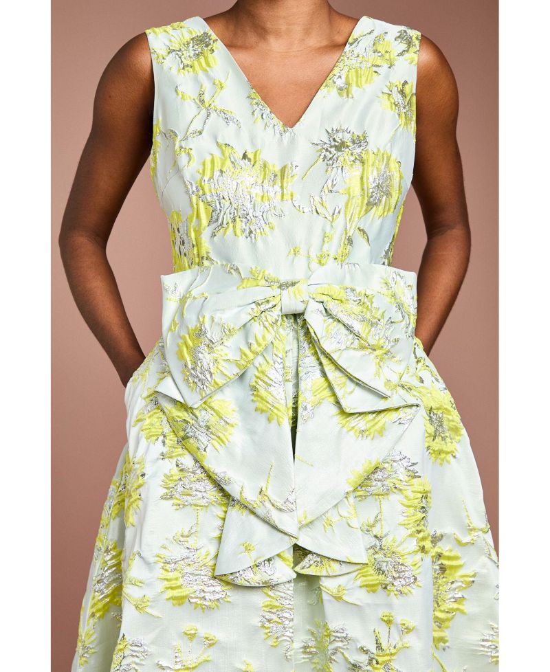 Women's V-Neck Bow Jacquard Midi Dress