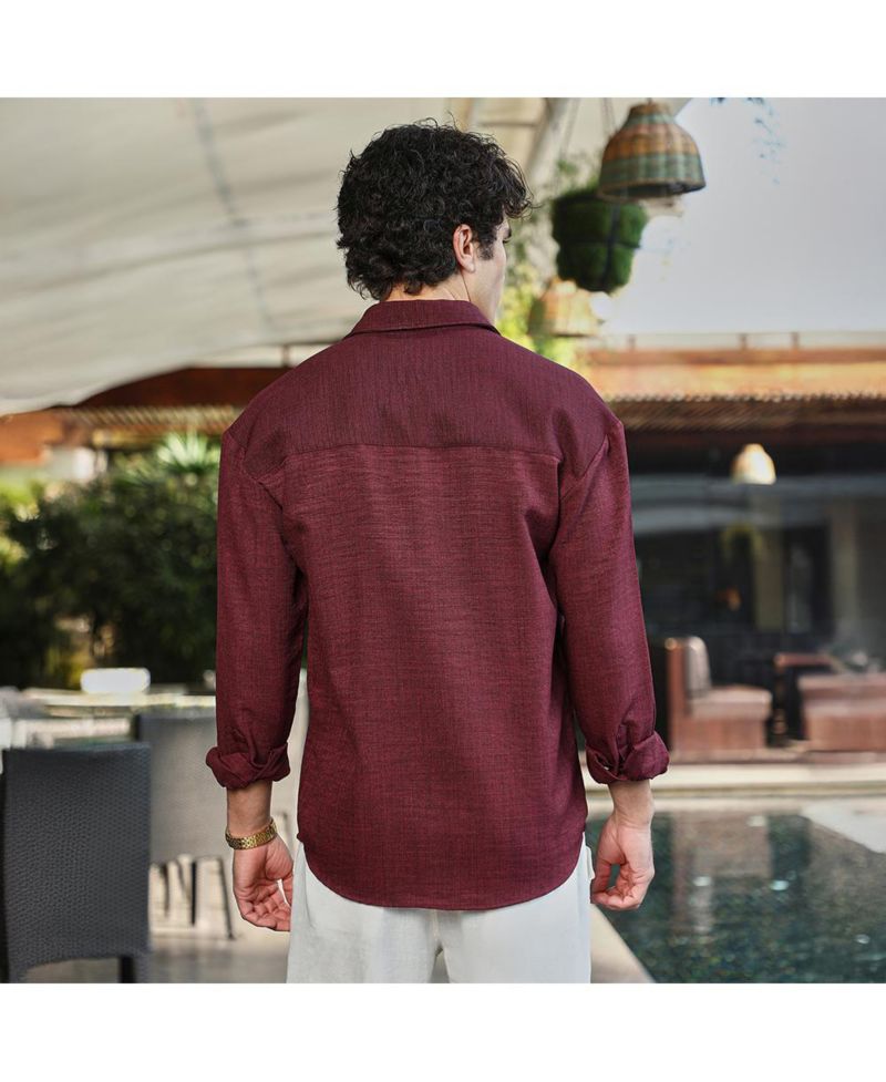 Men's Wine Red Modular Solid Oversized Shirt
