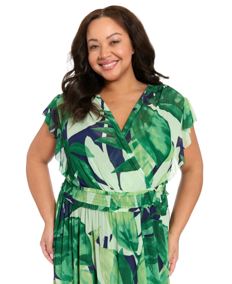 Plus Size Flutter-Sleeve Surplice Neck Tiered Maxi Dress