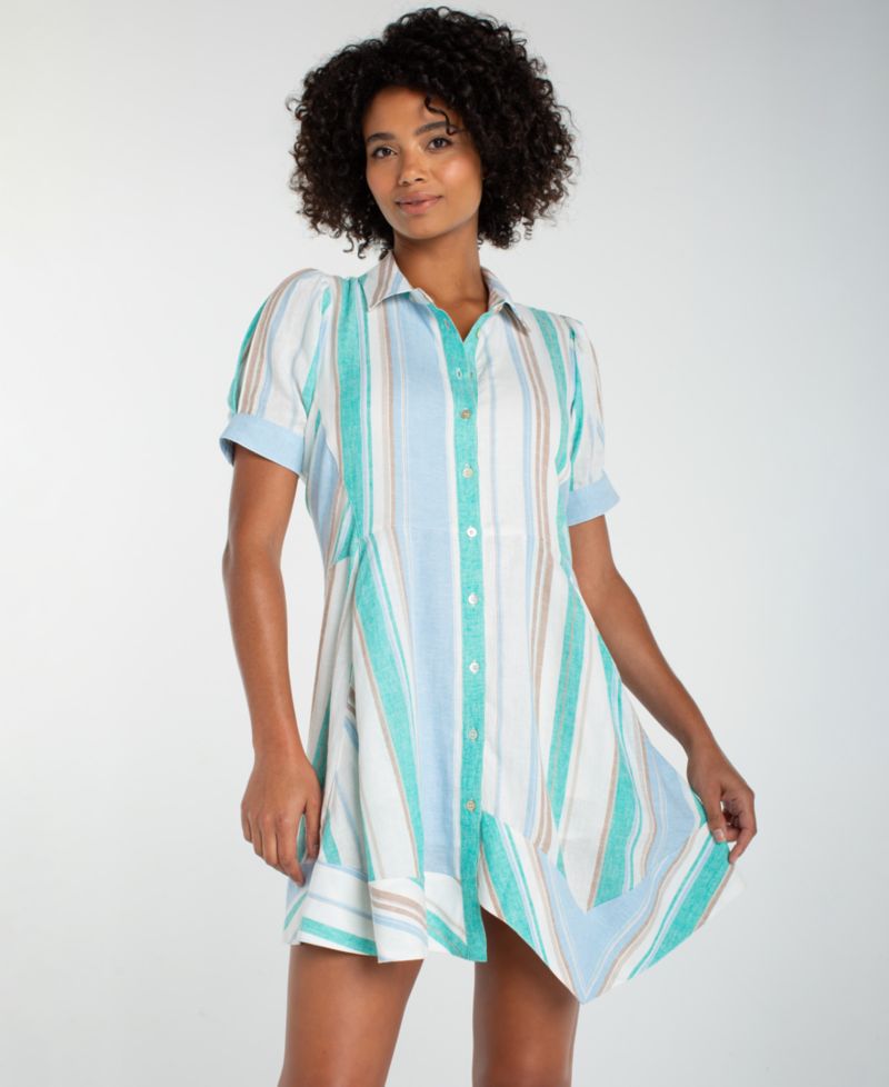 Women's Short-Sleeve Asymmetrical Hem Woven Shirt-Dress