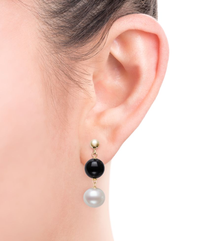 Freshwater Pearl (7.5-8.5mm), Black Onyx and Gold Bead Earrings in 10k Yellow Gold