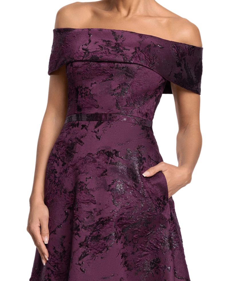 Petite Off-The-Shoulder Brocade Print Ball Gown