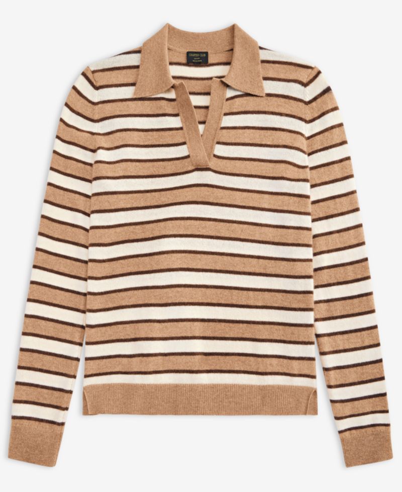 Women's 100% Cashmere Striped Collared V-Neck Sweater