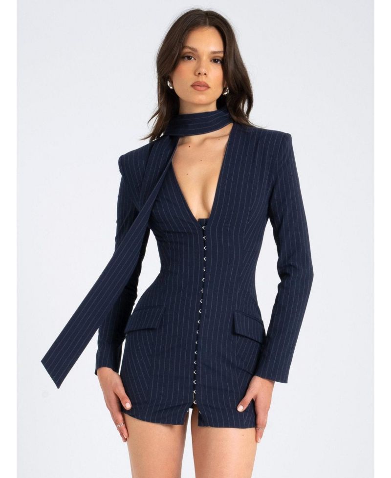 Women's Tahlia Deep V Pinstripes Navy Blue Blazer Dress with scarf collar
