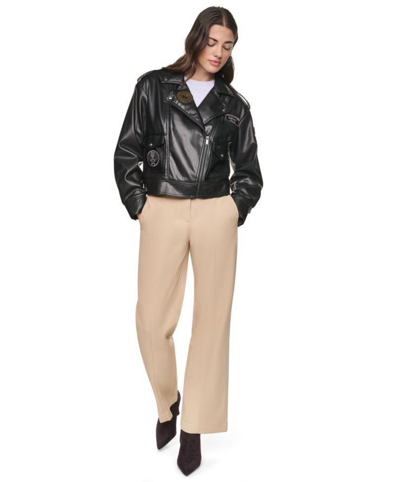 Women's Faux Leather Collared Zip-Front Jacket