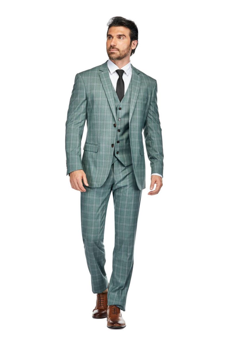 Men's 3 Piece Slim Fit Green Plaid Suit