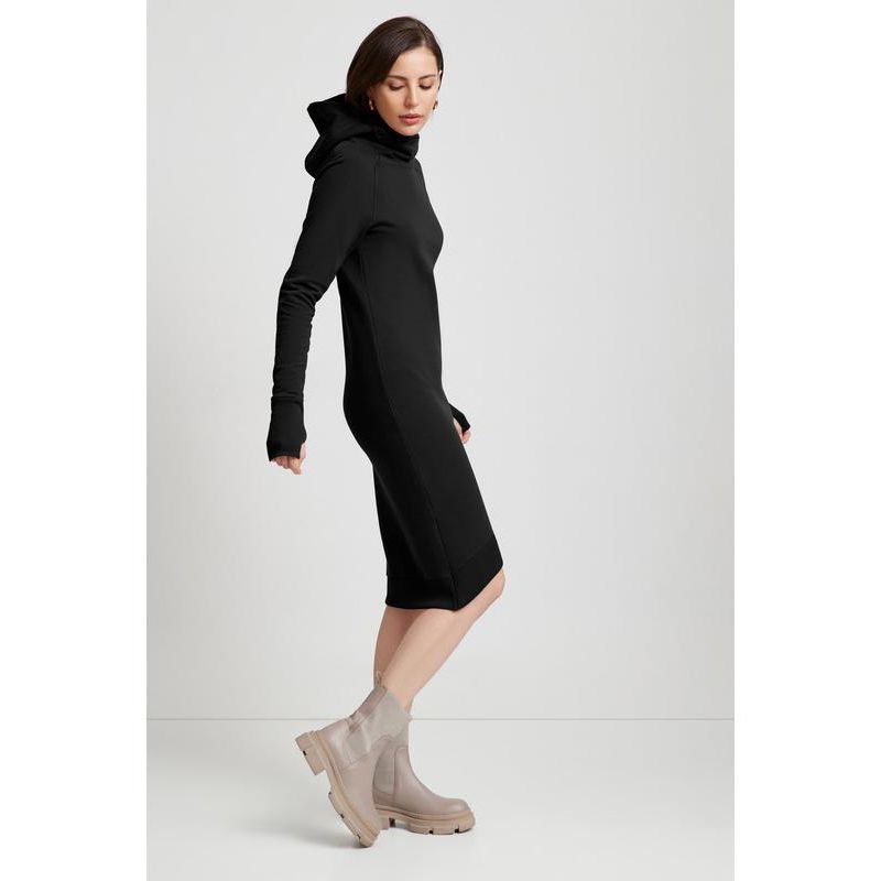 Women's Walker Hooded Midi Sweatshirt Dress with Layered Tulip Hem