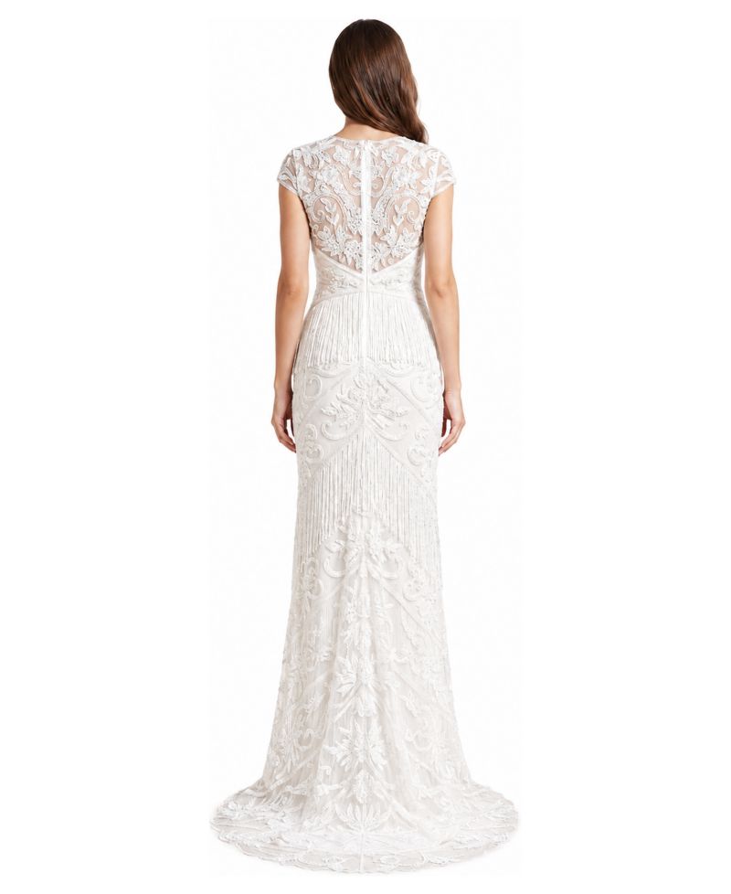 Women's Cap Sleeve Bridal Beaded Gown with Fringe