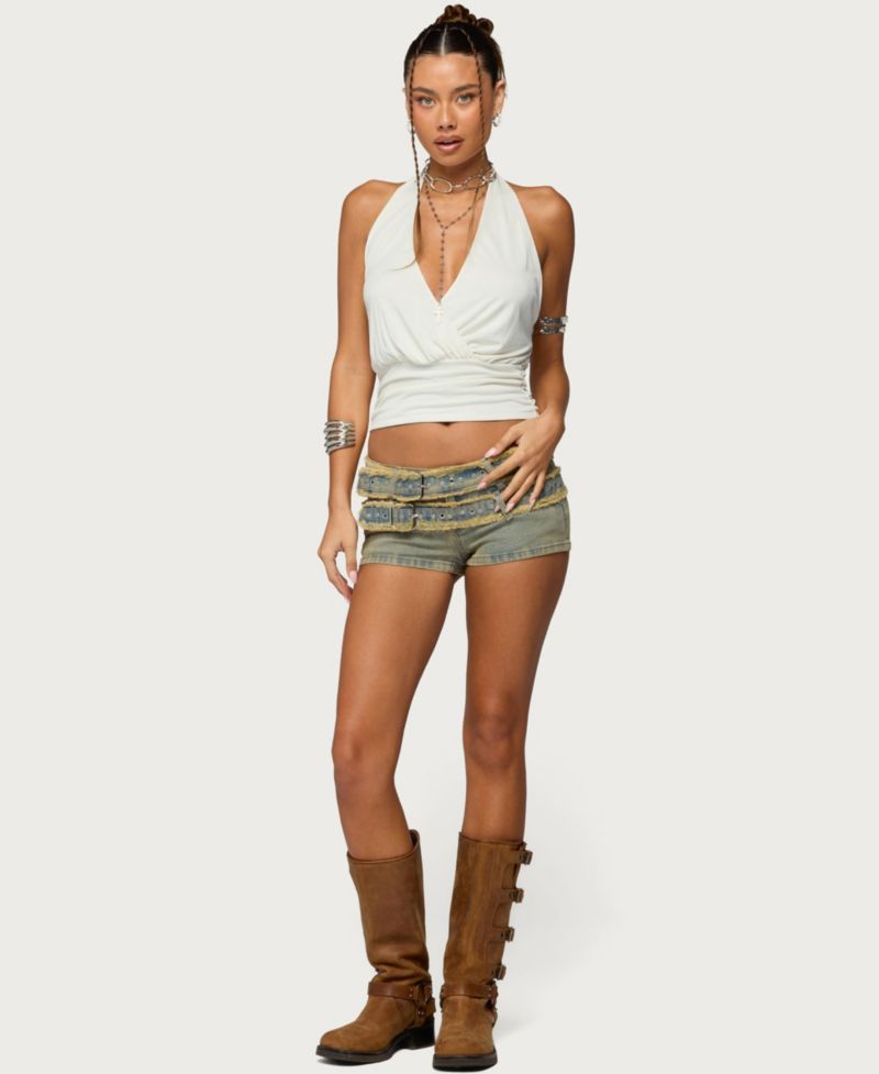 Women's Alyza Distressed Belt Washed Denim Micro Shorts