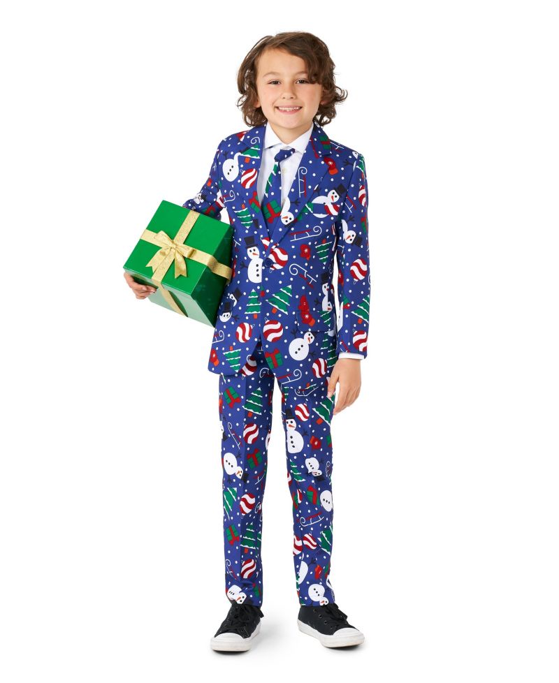 Little Boys Christmas Snowman Button Closure Suit Set Including Blazer, Pants and Clip-On-Tie