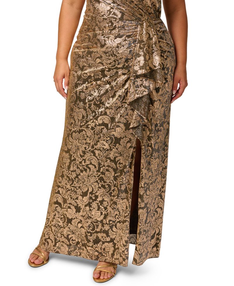 Plus Size Metallic-Crinkle Asymmetrical Floral Gown