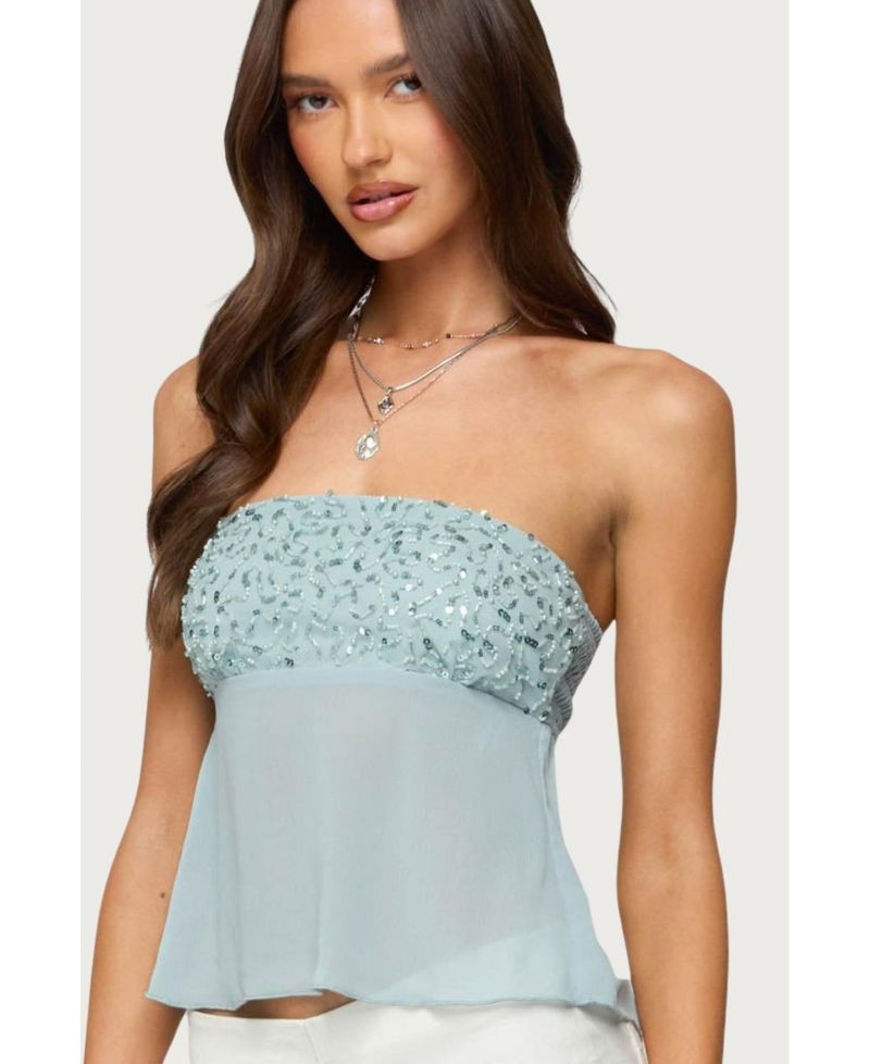 Women's Beadie Sheer Chiffon Strapless Top