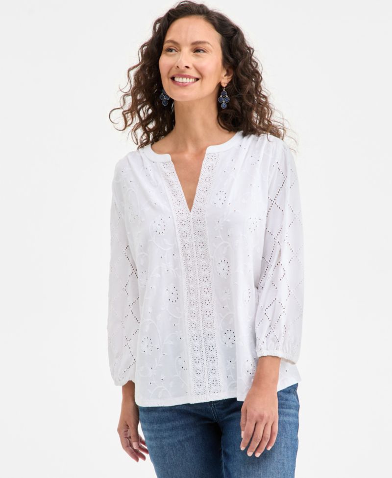 Women's Split-Neck Eyelet-Embroidered Top