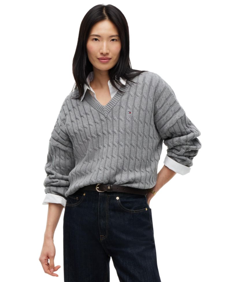 Women's Cable-Knit V-Neck Long-Sleeve Sweater
